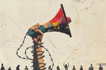 Poster arm wound with barbed wire holding a megaphone © nito