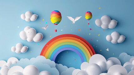 Paper art of rainbow with balloons and clouds on blue background.