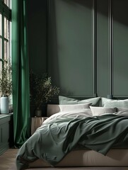 Luxury bedroom in premium modern interior design home or hotel. Deep color green trend - dark emerald viridian walls and gray accent style bed. Empty background . Mockup for art or decor. 3d rendering