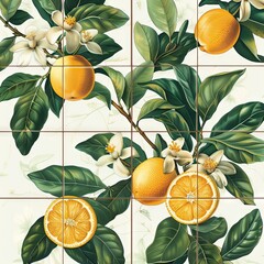 natural-botanic tile background , natural accents and bergamots with pop art painting illustration style. ai generated - obrazy, fototapety, plakaty