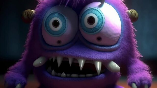 Funny monster, purple fluffy creature. Children's nightmare horror animated illustration