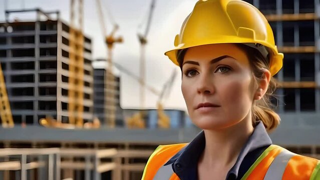 portrait of a woman builder on the background of a building construction