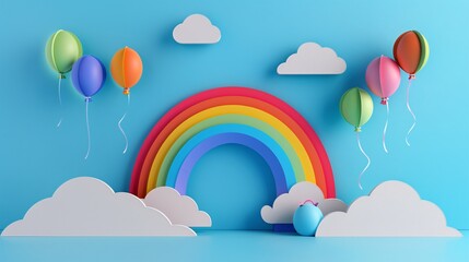 Paper art of rainbow with balloons and clouds on blue background.