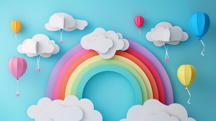 Paper art of rainbow with balloons and clouds on blue background.