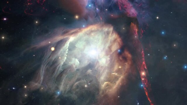 Space travel Rho Ophiuchi cloud complex of interstellar clouds with different nebulae. Traveling through star fields in space,4K 3D for scientific films. Elements of this image furnished by NASA.