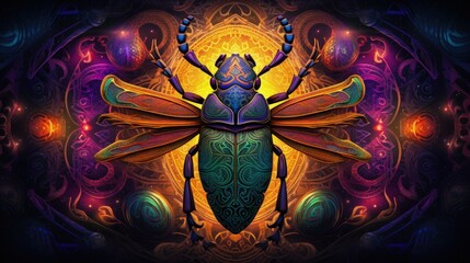 A close-up illustration of a scarab beetle with colorful abstract background