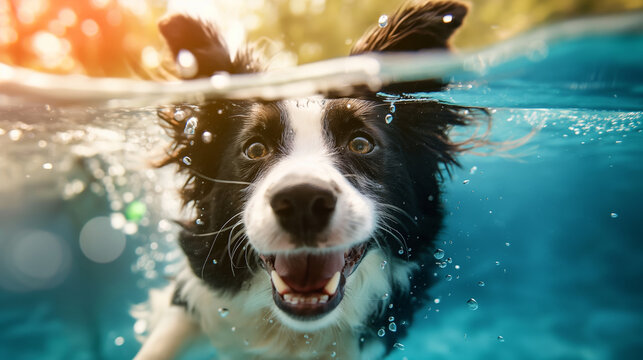 Underwater photography of family dog playing in the pool in the summer sunny day. Purebred border collie jumping and swimming in garden swimmingpool. 