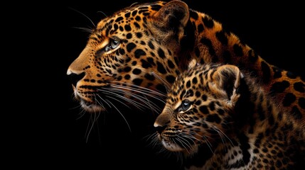 Male leopard and cub portrait with empty space for text, object on right side, ideal for search
