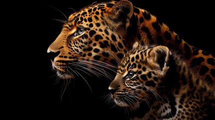 Fototapeta premium Male leopard and cub portrait with empty space for text, object on right side, ideal for search