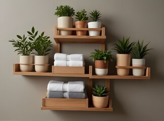 Organized wooden shelves with towels, plants, and various neatly arranged storage containers in a minimalist style.
