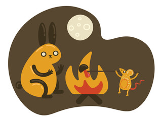 Rabbit and mouse cooking mushrooms on the fire