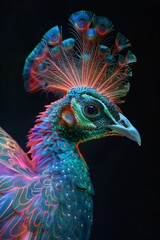 Obraz premium Iridescent peacock under neon light, psychic wave patterns emanating, starkly isolated against a black backdrop