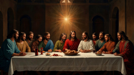 Jesus Christ with his eleven disciples after Judas's departure at The Last Supper.