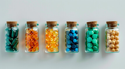 Set of various colorful tablets and capsules in different glass or plastic jars. - obrazy, fototapety, plakaty