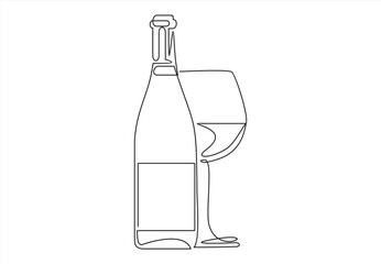 Wine bottle and wine glass drawing with one continuous line. One continuous line of a bottle and wine glass. Vector illustration.