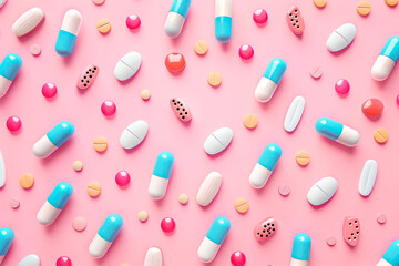A flat lay composition featuring of colorful pharmaceutical pills and capsules arranged on a pink background.