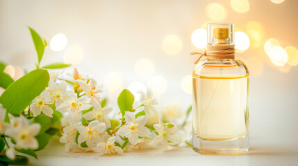 Still life composition with perfume bottle and jasmine flowers.