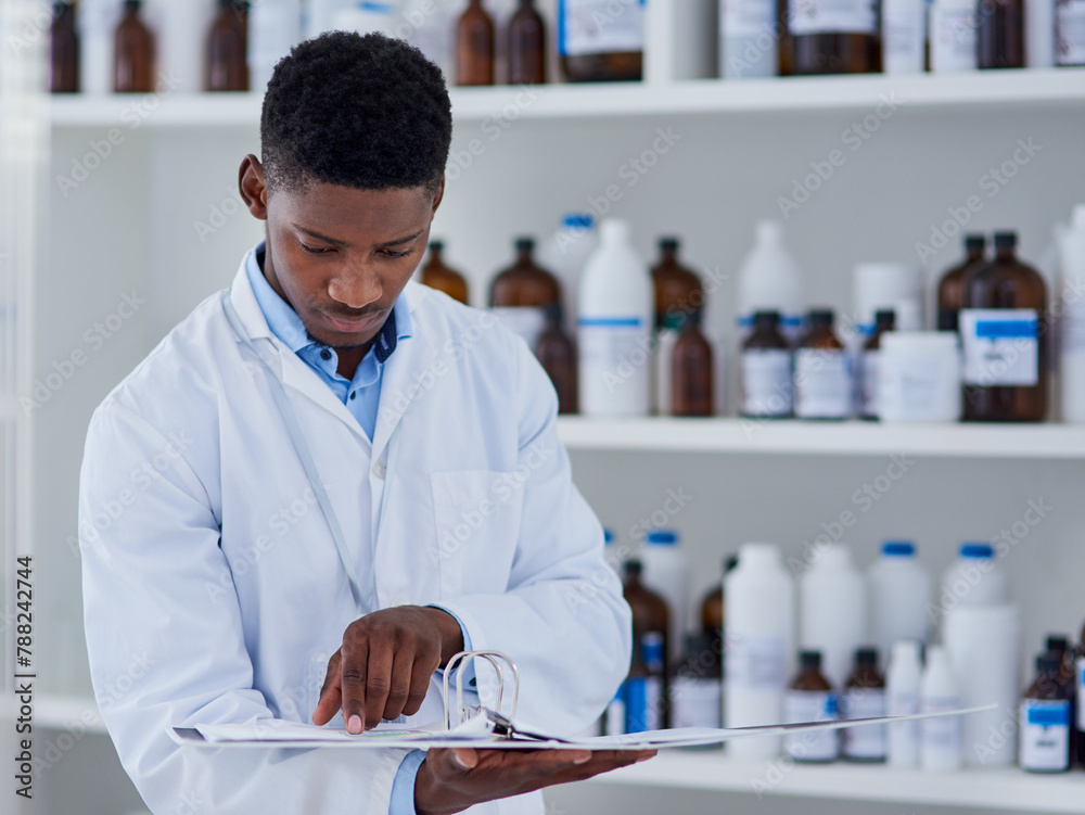 Poster Folder, science and black man reading in laboratory, research and information for experiment. Doctor, expert and employee with document and file with test review, idea and feedback with medical notes