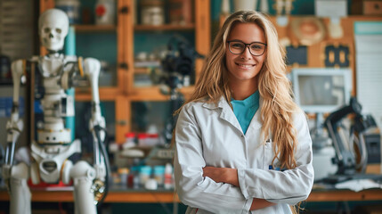 Portrait of smiling young blonde woman scientist in white coat standing with arms crossed near robot skeleton on background. Female student or teacher wearing glasses in science class