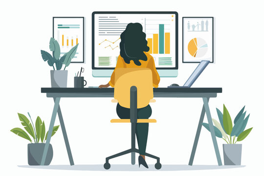 illustration of a woman working on computer with graphics and tables in vector