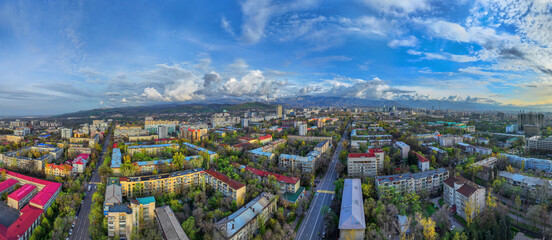 View from a quadcopter of the central part of the Kazakh city of Almaty on a spring evening