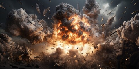A detailed of an explosion scene, emphasizing pulverized effect with finely dispersed debris and particles