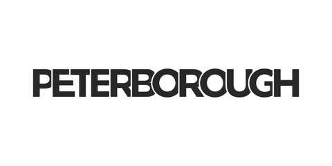 Peterborough city in the United Kingdom design features a geometric style illustration with bold typography in a modern font on white background.