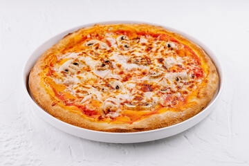 Freshly baked cheese pizza on white plate