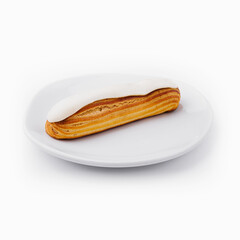 Delicious classic eclair on white plate