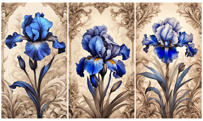 Triptych illustration of iris - obrazy, fototapety, plakaty