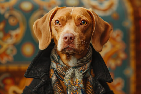 Portrait of a Hungarian Pointer (Vizsla) dog in stylish vintage clothes in a retro interior