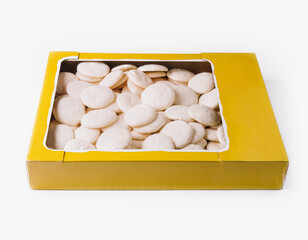 Box of traditional white sugar cookies isolated on white