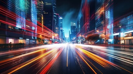 A dynamic night scene capturing city traffic with streaks of light-painting, the bustling streets aglow with the vibrant hues of car lights