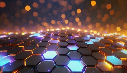 abstract background with hexagons, Dark hexagons with red light futuristic background, 3d render illustation