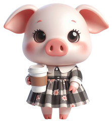 Fototapeta premium Cute pig wearing fashionable outfit standing holding a coffee cup