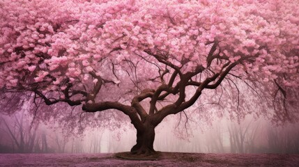 A magnificent cherry blossom tree in a full bloom, its branches adorned with an abundance of delicate pink flowers