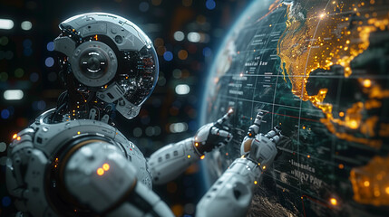 a new Model robot wearing a three-piece suit and holding a crystal world globe map in hand on the green background.