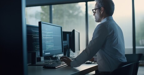 An IT specialist configuring and implementing disaster recovery plans and backup strategies in a server room, surrounded by racks of equipment and glowing screens