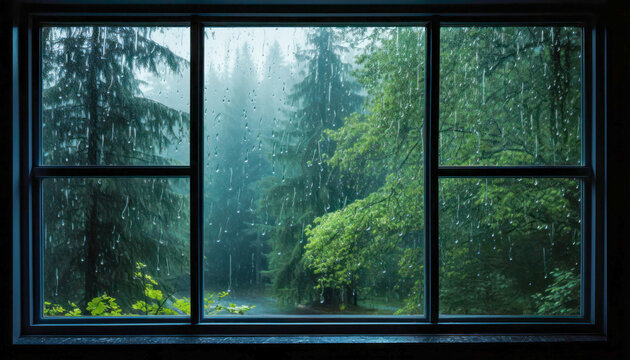 Fototapeta view from the window to the rainy forest, rainy day, beautiful view, back