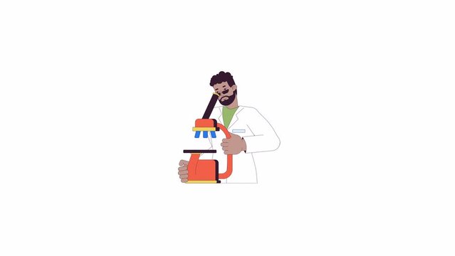 Black male scientist looking in microscope line 2D character animation. Laboratory research flat color cartoon 4K video, alpha channel. African american doctor animated person on white background