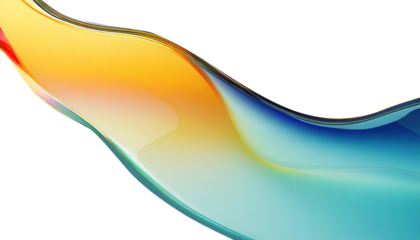 Abstract liquid glass shape with colorful reflections. Ribbon of curved water with glossy color wavy fluid motion. Chromatic dispersion flying and thin film spectral effect.