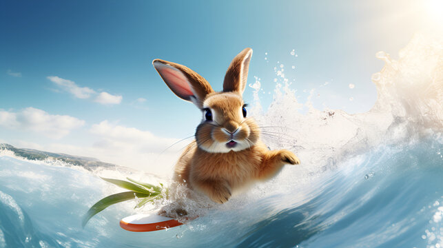 a rabbit swimming in a pool,bunny jumping on blue water in swimming in a pool on blue background 