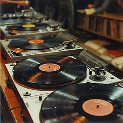 Classic vinyl DJ spinning records at a retro dance hall, grooves and moves, night to remember - obrazy, fototapety, plakaty