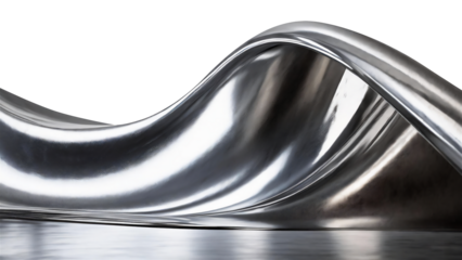 Abstract fluid metal bent form. Metallic shiny curved wave in motion. Cut out design element steel texture effect.