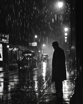 Classic film noir scene, rainslicker streets and mysterious figures, shadows and suspense