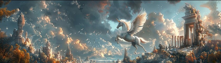 Pegasus soaring above ancient ruins, a blend of myth and history, twilight magic 