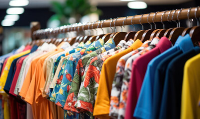 clothing store, men's shirts on a hanger, bright multicolored, showcase, sale, selective focus, close