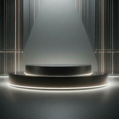 A futuristic podium with clean lines and glowing accents, set against a backdrop of shimmering reflections, creating a captivating visual spectacle that embodies modernity and sophistication.
