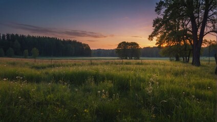 Fototapeta na wymiar Idyllic meadows during twilight with blurry surroundings