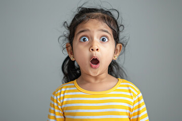 A little indian girl of nine years old with a surprised expression on his face, as if he were seeing something exciting and surprising. Advertising concept for toys, video games and cartoons. Banner